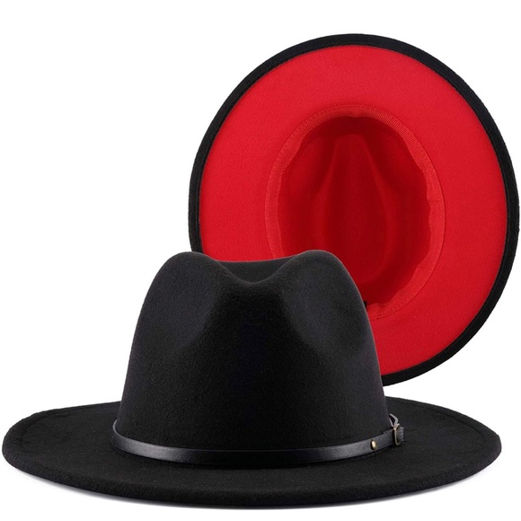 FALETO Two Tone Red Bottom Wide Brim Wool Felt Fedora Hat Panama Hat for… - Picture 2 of 7